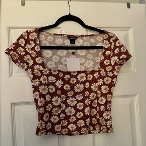 Monkl Brown Floral Cotton Square-neck Cropped T-shirt Size S NWT